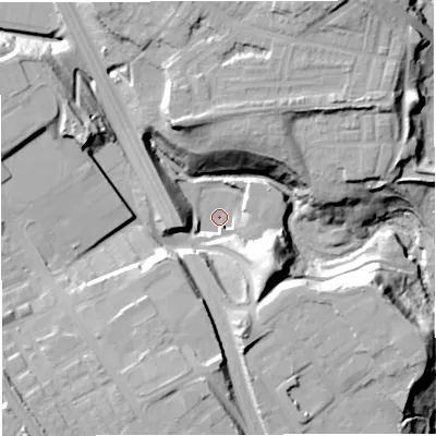 Shaded relief map of the ground around BL32RB, computed from Environment Agency LiDAR. The ground here sits at about 65 m above sea level and falls 32 m across the surrounding 800 m. Surface water reaching this point runs off ground lying to the south, 25.5 m higher.