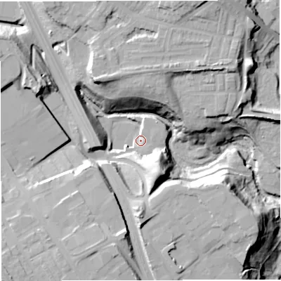 Shaded relief map of the ground around BL32RD, computed from Environment Agency LiDAR. The ground here sits at about 67 m above sea level and falls 35 m across the surrounding 800 m. Surface water reaching this point runs off ground lying to the south-south-east, 25.0 m higher.