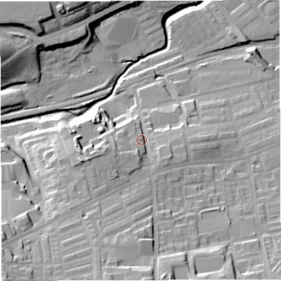 Shaded relief map of the ground around BL35EL, computed from Environment Agency LiDAR. The ground here sits at about 104 m above sea level and falls 35 m across the surrounding 800 m. Surface water reaching this point runs off ground lying to the south-west, 9.1 m higher.