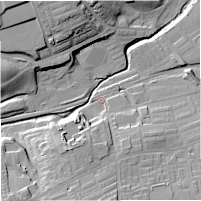 Shaded relief map of the ground around BL35EN, computed from Environment Agency LiDAR. The ground here sits at about 95 m above sea level and falls 31 m across the surrounding 800 m. Surface water reaching this point runs off ground lying to the south-south-west, 15.2 m higher.
