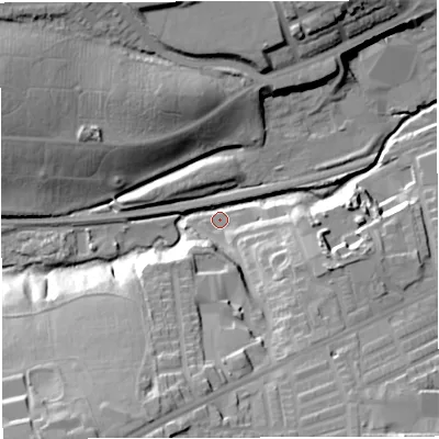 Shaded relief map of the ground around BL35NX, computed from Environment Agency LiDAR. The ground here sits at about 95 m above sea level and falls 41 m across the surrounding 800 m. Surface water reaching this point runs off ground lying to the south-west, 37.9 m higher.