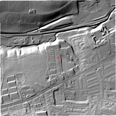 Shaded relief map of the ground around BL35QA, computed from Environment Agency LiDAR. The ground here sits at about 111 m above sea level and falls 53 m across the surrounding 800 m. Surface water reaching this point runs off ground lying to the south-west, 23.9 m higher.
