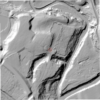 Shaded relief map of the ground around BL47SF, computed from Environment Agency LiDAR. The ground here sits at about 72 m above sea level and falls 46 m across the surrounding 800 m. Surface water reaching this point runs off ground lying to the north-north-west, 10.3 m higher.