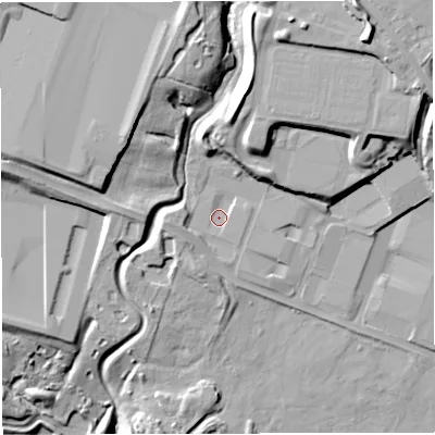 Shaded relief map of the ground around BL51FH, computed from Environment Agency LiDAR. The ground here sits at about 98 m above sea level and falls 33 m across the surrounding 800 m. Surface water reaching this point runs off ground lying to the west, 4.0 m higher.