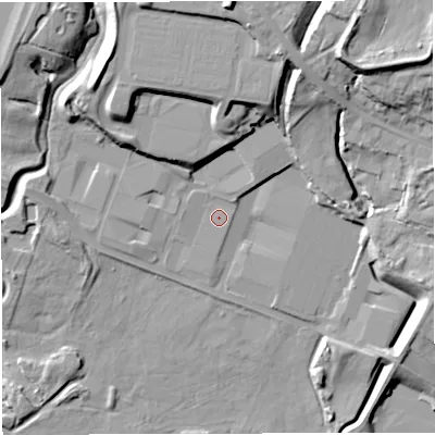 Shaded relief map of the ground around BL51FQ, computed from Environment Agency LiDAR. The ground here sits at about 97 m above sea level and falls 25 m across the surrounding 800 m. Surface water reaching this point runs off ground lying to the north, 19.2 m higher.