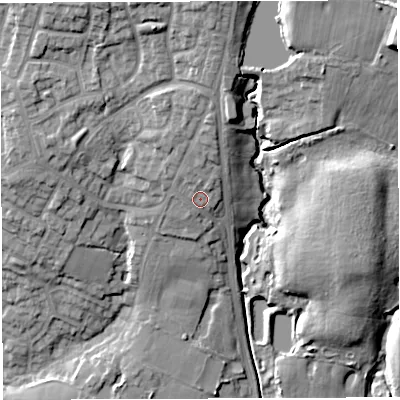 Shaded relief map of the ground around BL52JP, computed from Environment Agency LiDAR. The ground here sits at about 68 m above sea level and falls 27 m across the surrounding 800 m. Surface water reaching this point runs off ground lying to the north, 4.5 m higher.