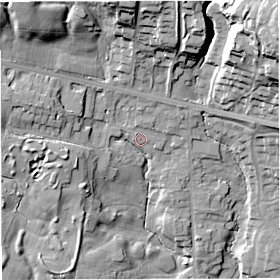 Shaded relief map of the ground around BL64AE, computed from Environment Agency LiDAR. The ground here sits at about 118 m above sea level and falls 45 m across the surrounding 800 m. Surface water reaching this point runs off ground lying to the west-north-west, 13.4 m higher.