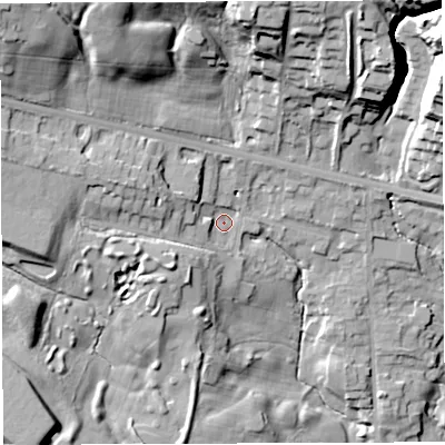 Shaded relief map of the ground around BL64AF, computed from Environment Agency LiDAR. The ground here sits at about 119 m above sea level and falls 38 m across the surrounding 800 m. Surface water reaching this point runs off ground lying to the west-north-west, 13.5 m higher.