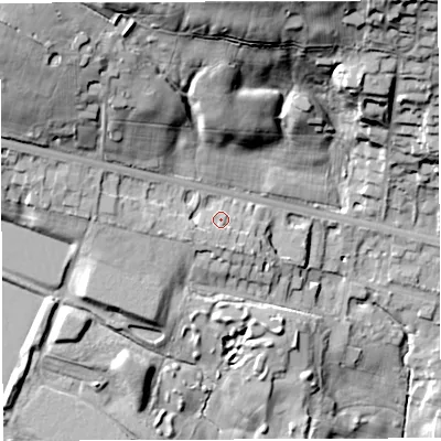 Shaded relief map of the ground around BL64AG, computed from Environment Agency LiDAR. The ground here sits at about 127 m above sea level and falls 46 m across the surrounding 800 m. Surface water reaching this point runs off ground lying to the south-west, 2.5 m higher.