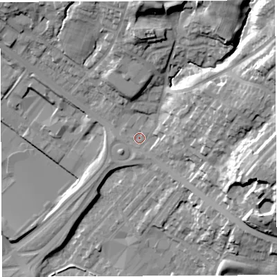 Shaded relief map of the ground around BL64BA, computed from Environment Agency LiDAR. The ground here sits at about 128 m above sea level and falls 38 m across the surrounding 800 m. Surface water reaching this point runs off ground lying to the north-east, 25.7 m higher.