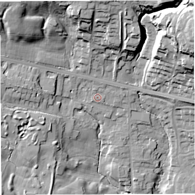 Shaded relief map of the ground around BL64BF, computed from Environment Agency LiDAR. The ground here sits at about 119 m above sea level and falls 45 m across the surrounding 800 m. Surface water reaching this point runs off ground lying to the north-north-east, 2.2 m higher.