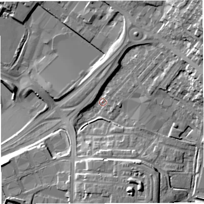 Shaded relief map of the ground around BL64BH, computed from Environment Agency LiDAR. The ground here sits at about 118 m above sea level and falls 29 m across the surrounding 800 m. Surface water reaching this point runs off ground lying to the east-north-east, 19.0 m higher.