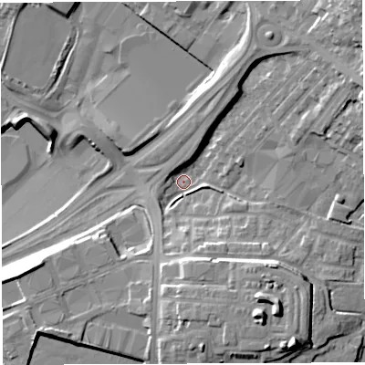 Shaded relief map of the ground around BL64BJ, computed from Environment Agency LiDAR. The ground here sits at about 116 m above sea level and falls 24 m across the surrounding 800 m. Surface water reaching this point runs off ground lying to the east-north-east, 16.8 m higher.