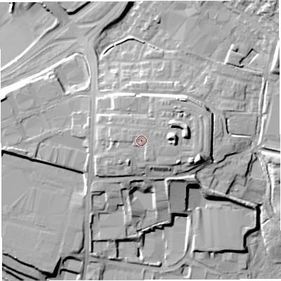 Shaded relief map of the ground around BL64BR, computed from Environment Agency LiDAR. The ground here sits at about 127 m above sea level and falls 28 m across the surrounding 800 m. Surface water reaching this point runs off ground lying to the north-north-west, 0.9 m higher.