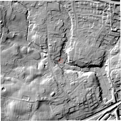 Shaded relief map of the ground around BL64DA, computed from Environment Agency LiDAR. The ground here sits at about 108 m above sea level and falls 38 m across the surrounding 800 m. Surface water reaching this point runs off ground lying to the west-north-west, 17.0 m higher.