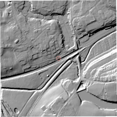Shaded relief map of the ground around BL64DB, computed from Environment Agency LiDAR. The ground here sits at about 104 m above sea level and falls 29 m across the surrounding 800 m. Surface water reaching this point runs off ground lying to the west-north-west, 16.9 m higher.