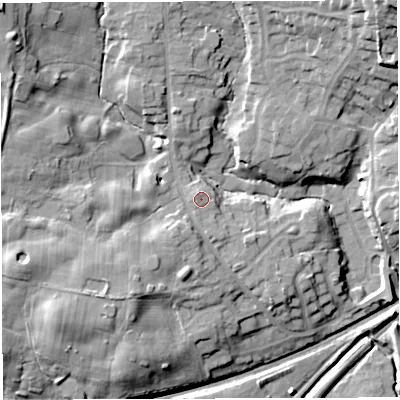 Shaded relief map of the ground around BL64DF, computed from Environment Agency LiDAR. The ground here sits at about 113 m above sea level and falls 29 m across the surrounding 800 m. Surface water reaching this point runs off ground lying to the west-south-west, 0.7 m higher.