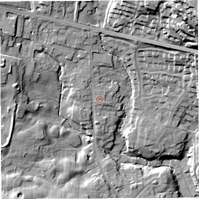Shaded relief map of the ground around BL64DG, computed from Environment Agency LiDAR. The ground here sits at about 114 m above sea level and falls 63 m across the surrounding 800 m. Surface water reaching this point runs off ground lying to the north-east, 1.1 m higher.