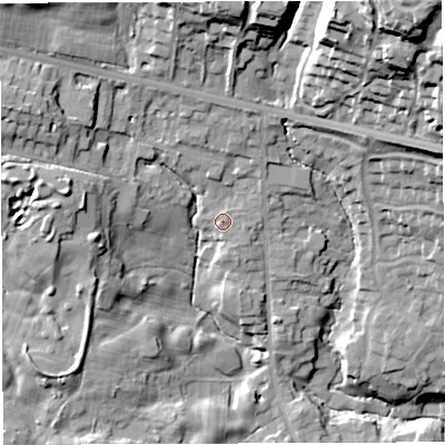 Shaded relief map of the ground around BL64DH, computed from Environment Agency LiDAR. The ground here sits at about 116 m above sea level and falls 50 m across the surrounding 800 m. Surface water reaching this point runs off ground lying to the east-north-east, 0.8 m higher.