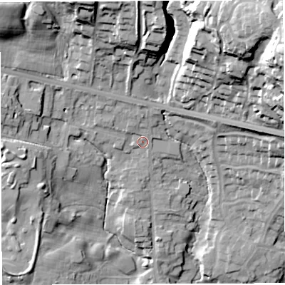 Shaded relief map of the ground around BL64DJ, computed from Environment Agency LiDAR. The ground here sits at about 117 m above sea level and falls 55 m across the surrounding 800 m. Surface water reaching this point runs off ground lying to the east-north-east, 44.9 m higher.