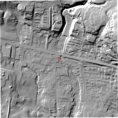 Shaded relief map of the ground around BL64DL, computed from Environment Agency LiDAR. The ground here sits at about 119 m above sea level and falls 58 m across the surrounding 800 m. Surface water reaching this point runs off ground lying to the east-north-east, 46.6 m higher.