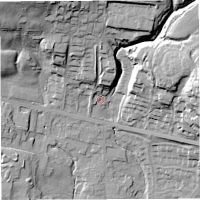 Shaded relief map of the ground around BL64DN, computed from Environment Agency LiDAR. The ground here sits at about 124 m above sea level and falls 52 m across the surrounding 800 m. Surface water reaching this point runs off ground lying to the north-north-west, 34.5 m higher.