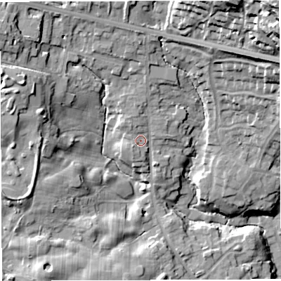 Shaded relief map of the ground around BL64DQ, computed from Environment Agency LiDAR. The ground here sits at about 114 m above sea level and falls 51 m across the surrounding 800 m. Surface water reaching this point runs off ground lying to the north, 2.9 m higher.
