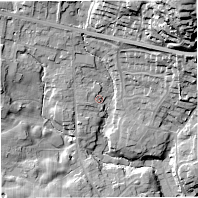 Shaded relief map of the ground around BL64ED, computed from Environment Agency LiDAR. The ground here sits at about 113 m above sea level and falls 64 m across the surrounding 800 m. Surface water reaching this point runs off ground lying to the west-north-west, 1.9 m higher.