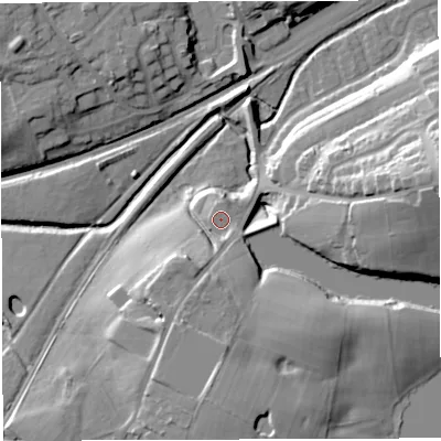 Shaded relief map of the ground around BL64EL, computed from Environment Agency LiDAR. The ground here sits at about 111 m above sea level and falls 31 m across the surrounding 800 m. Surface water reaching this point runs off ground lying to the south-south-west, 9.7 m higher.