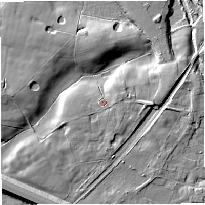 Shaded relief map of the ground around BL64EY, computed from Environment Agency LiDAR. The ground here sits at about 114 m above sea level and falls 19 m across the surrounding 800 m. Surface water reaching this point runs off ground lying to the east, 2.3 m higher.