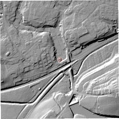 Shaded relief map of the ground around BL64JB, computed from Environment Agency LiDAR. The ground here sits at about 104 m above sea level and falls 31 m across the surrounding 800 m. Surface water reaching this point runs off ground lying to the west-north-west, 5.5 m higher.