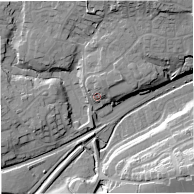 Shaded relief map of the ground around BL64JN, computed from Environment Agency LiDAR. The ground here sits at about 109 m above sea level and falls 33 m across the surrounding 800 m. Surface water reaching this point runs off ground lying to the north-north-east, 8.5 m higher.
