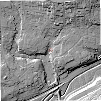 Shaded relief map of the ground around BL64JW, computed from Environment Agency LiDAR. The ground here sits at about 108 m above sea level and falls 38 m across the surrounding 800 m. Surface water reaching this point runs off ground lying to the north-north-east, 31.5 m higher.