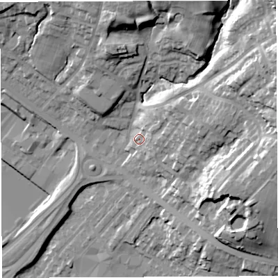 Shaded relief map of the ground around BL64LU, computed from Environment Agency LiDAR. The ground here sits at about 132 m above sea level and falls 47 m across the surrounding 800 m. Surface water reaching this point runs off ground lying to the east-north-east, 13.1 m higher.