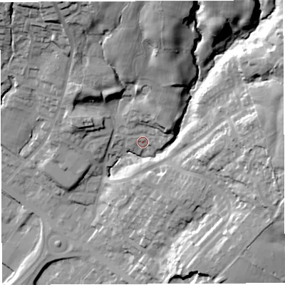 Shaded relief map of the ground around BL64LZ, computed from Environment Agency LiDAR. The ground here sits at about 137 m above sea level and falls 51 m across the surrounding 800 m. Surface water reaching this point runs off ground lying to the north-north-east, 10.3 m higher.