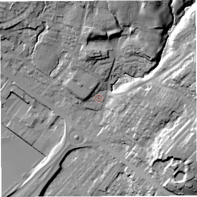 Shaded relief map of the ground around BL64NL, computed from Environment Agency LiDAR. The ground here sits at about 131 m above sea level and falls 45 m across the surrounding 800 m. Surface water reaching this point runs off ground lying to the north-north-east, 32.6 m higher.