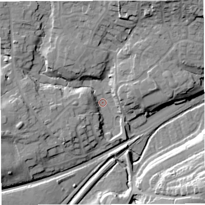 Shaded relief map of the ground around BL64PP, computed from Environment Agency LiDAR. The ground here sits at about 103 m above sea level and falls 30 m across the surrounding 800 m. Surface water reaching this point runs off ground lying to the south-west, 9.9 m higher.