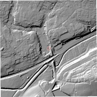 Shaded relief map of the ground around BL64PR, computed from Environment Agency LiDAR. The ground here sits at about 103 m above sea level and falls 31 m across the surrounding 800 m. Surface water reaching this point runs off ground lying to the west-south-west, 5.5 m higher.