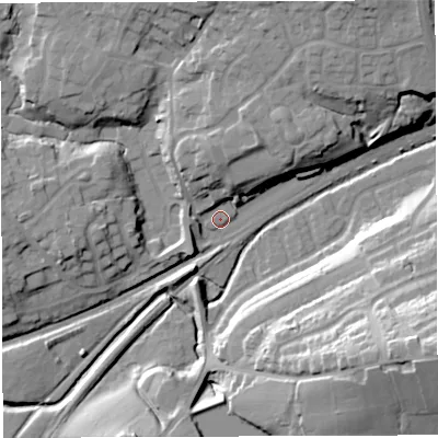Shaded relief map of the ground around BL64PU, computed from Environment Agency LiDAR. The ground here sits at about 102 m above sea level and falls 34 m across the surrounding 800 m. Surface water reaching this point runs off ground lying to the north, 4.3 m higher.