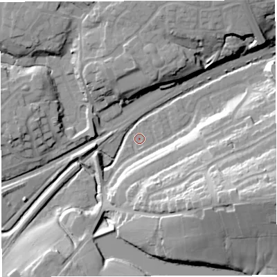 Shaded relief map of the ground around BL64RA, computed from Environment Agency LiDAR. The ground here sits at about 101 m above sea level and falls 35 m across the surrounding 800 m. Surface water reaching this point runs off ground lying to the south-east, 27.2 m higher.