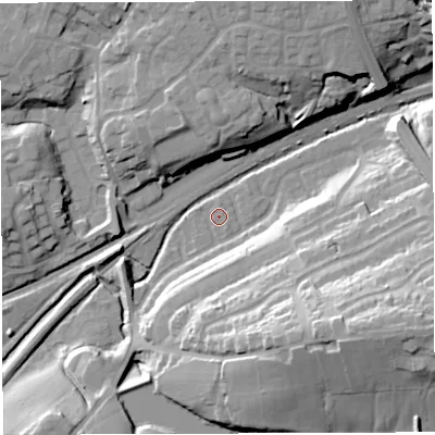 Shaded relief map of the ground around BL64RB, computed from Environment Agency LiDAR. The ground here sits at about 102 m above sea level and falls 35 m across the surrounding 800 m. Surface water reaching this point runs off ground lying to the south-south-east, 9.8 m higher.