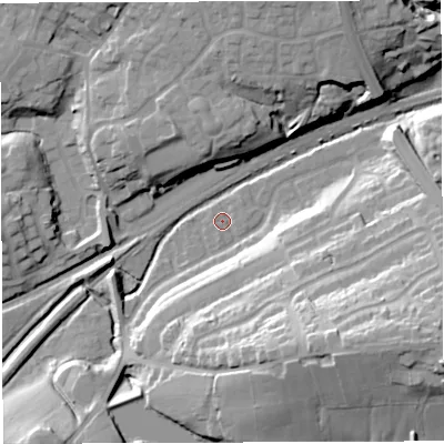 Shaded relief map of the ground around BL64RD, computed from Environment Agency LiDAR. The ground here sits at about 102 m above sea level and falls 36 m across the surrounding 800 m. Surface water reaching this point runs off ground lying to the south-east, 32.0 m higher.