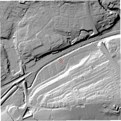 Shaded relief map of the ground around BL64RE, computed from Environment Agency LiDAR. The ground here sits at about 102 m above sea level and falls 36 m across the surrounding 800 m. Surface water reaching this point runs off ground lying to the south-east, 33.8 m higher.