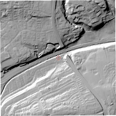 Shaded relief map of the ground around BL64RG, computed from Environment Agency LiDAR. The ground here sits at about 101 m above sea level and falls 36 m across the surrounding 800 m. Surface water reaching this point runs off ground lying to the south, 34.7 m higher.