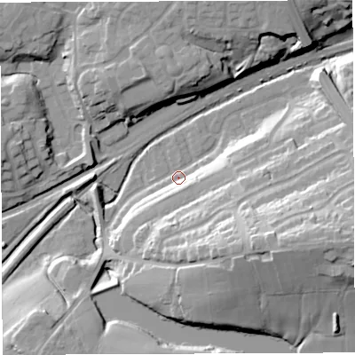 Shaded relief map of the ground around BL64RH, computed from Environment Agency LiDAR. The ground here sits at about 103 m above sea level and falls 35 m across the surrounding 800 m. Surface water reaching this point runs off ground lying to the south-south-east, 16.9 m higher.