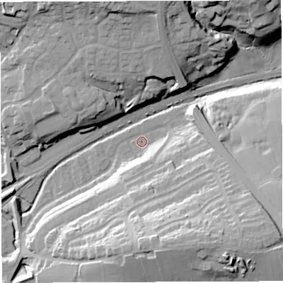 Shaded relief map of the ground around BL64RJ, computed from Environment Agency LiDAR. The ground here sits at about 102 m above sea level and falls 37 m across the surrounding 800 m. Surface water reaching this point runs off ground lying to the south-south-east, 15.4 m higher.
