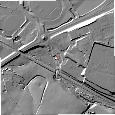Shaded relief map of the ground around BL64SD, computed from Environment Agency LiDAR. The ground here sits at about 109 m above sea level and falls 22 m across the surrounding 800 m. Surface water reaching this point runs off ground lying to the east, 9.9 m higher.