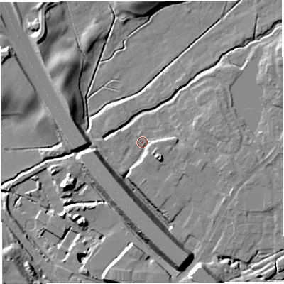 Shaded relief map of the ground around BL65GS, computed from Environment Agency LiDAR. The ground here sits at about 103 m above sea level and falls 26 m across the surrounding 800 m. Surface water reaching this point runs off ground lying to the south-east, 6.4 m higher.