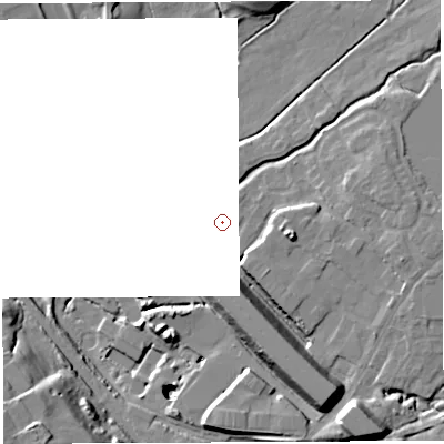 Shaded relief map of the ground around BL65GU, computed from Environment Agency LiDAR. and falls 28 m across the surrounding 800 m. Surface water reaching this point runs off ground lying to the north-north-east, 0.8 m higher.