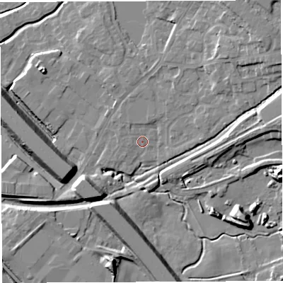 Shaded relief map of the ground around BL65GX, computed from Environment Agency LiDAR. The ground here sits at about 105 m above sea level and falls 17 m across the surrounding 800 m. Surface water reaching this point runs off ground lying to the north, 1.8 m higher.